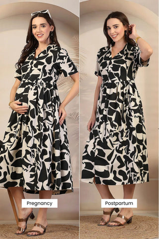 Chic Abstract Print Zipless Feeding Maternity Dress