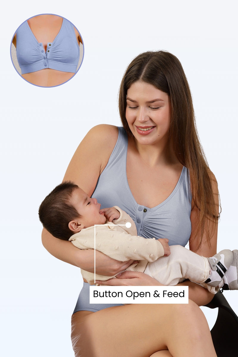 M-Blue Feeding Bra; wire-free construction is pressure-free on breast tissue.