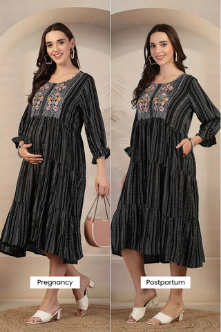 Midnight Stripe Zipless Maternity Feeding Dress Front View - Stylish Rayon Maternity Dress with Feeding Zips