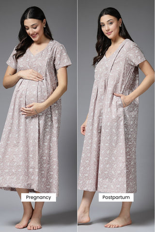 Pure Cotton Beige Maternity Feeding Nighty