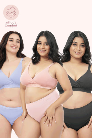 Zena Fine-Rib Bra Pack of 3 - ( Rose Gold, Lavender & Grey Melange )