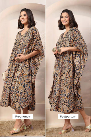 Navy Blue Enchanting Floral Zipless Feeding Maternity Kaftan