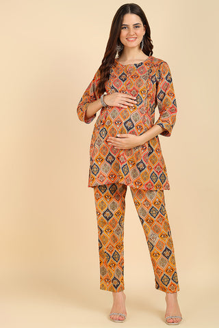 Mustard Floral Printed Maternity Co-ord Set with Zipless Feeding