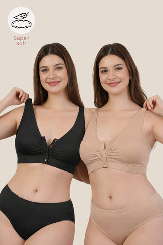 Ruched Pack of 2 Modal Front-Open Bra - (Black, Light Skin)