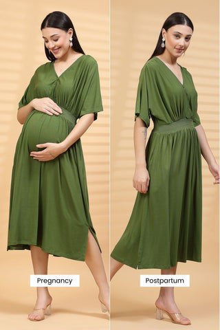 Green Solid Smocked Waist Zipless Feeding Dress - House Of Zelena™