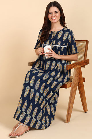 Navy Blue Printed 100% Soft Cotton Zipless Maternity Maxi