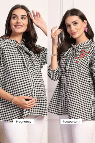 Vintage Charm Black and White Checkered Zipless Feeding Maternity Top