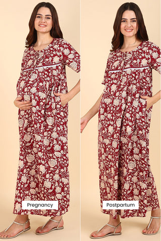 Maroon Floral Printed 100% Soft Cotton Zipless Maternity Maxi