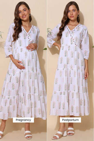 White Floral Printed 100% Soft Cotton Maternity Feeding Dress