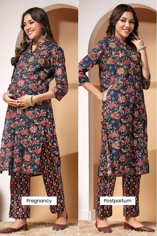 Midnight Bloom Maternity and Feeding Friendly Kurta Set