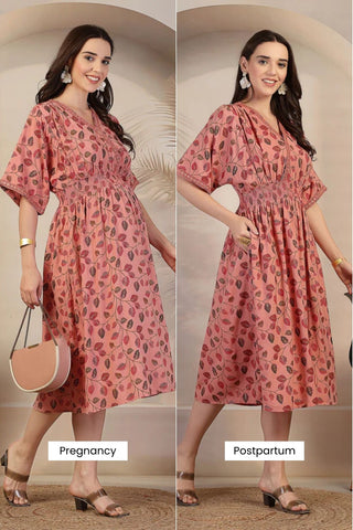 Blush Pink Leaf Print Concealed Zip Maternity Feeding Dress