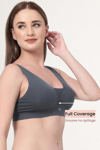Steel Grey Feeding Bra; overlapped scoop neck allows seamless, effortless nursing access.