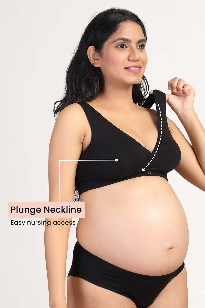 Black Feeding Bra; overlapped scoop neck allows nursing access without fumbling for clips.