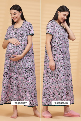 Pure Cotton Floral Printed Maternity Feeding Nighty