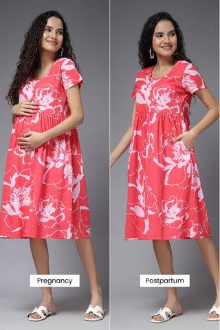 Coral Blossom Cotton Maternity Zipless Feeding Dress - House Of Zelena™