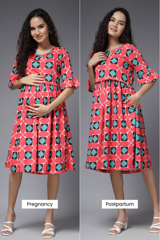 Zipless Feeding Dress; simple neck access provides quick and easy breastfeeding.