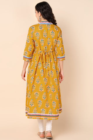 Yellow Chinese Collar Leaf Print Maternity Dress with Pocket