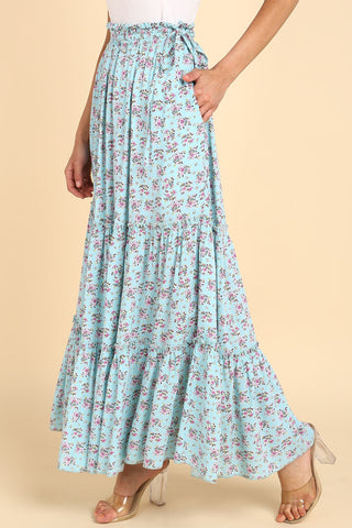Romantic Print Tiered Skirt with Smocked Waistband & Pockets