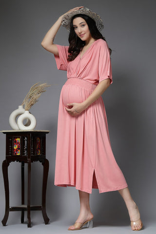 Peach Solid Smocked Waist Zipless Feeding Dress