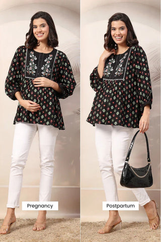 Bloom and Ease Feeding Top; neckline allows fast breastfeeding access.