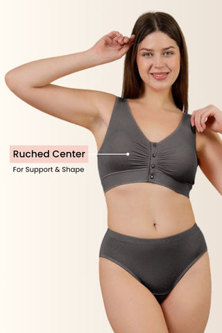 Ash Feeding Bra; deep cups contain breast tissue for lift and support.