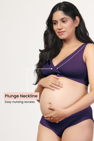 Plum Feeding Bra; overlapped scoop neck design allows unimpeded baby access.