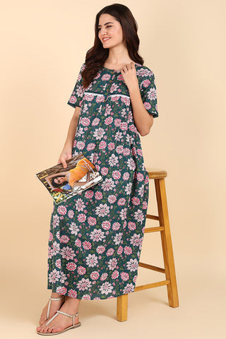 Green Floral Printed 100% Soft Cotton Zipless Maternity Maxi