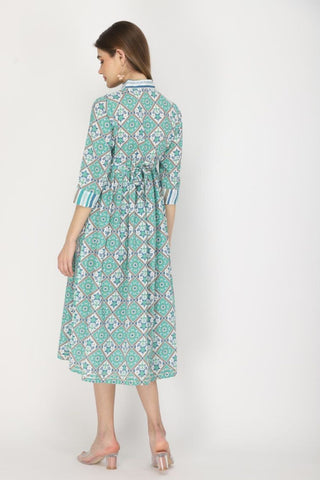 Side profile of the Teal and white feeding & maternity Kurtis Kurti, demonstrating the comfortable A-line fit for pre...