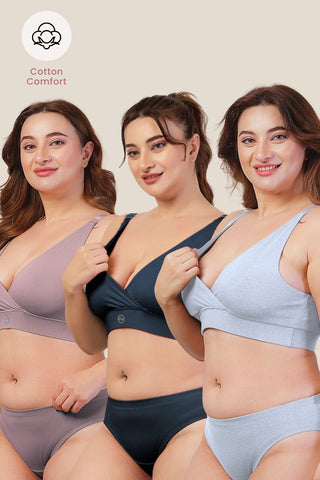 247 Pack Of 3 Extra Support Cotton Feeding Bra with Adjuster - (Light Grey, Dark Skin, Navy)