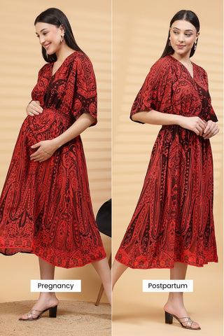 Red Paisley Print Maternity Feeding Dress