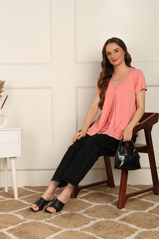 Peach Front & Back Pleated Zipless Nursing Top