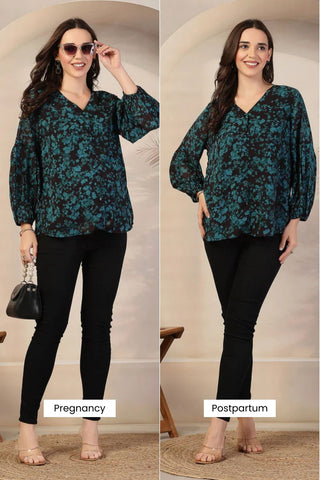 Teal Watercolor Zipless Maternity Feeding Top 3/4th Sleeves