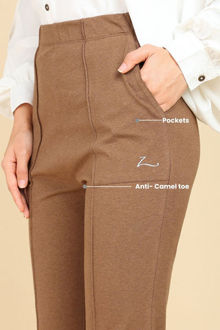 Pleated Cotton Melange Brown Maternity Pants (Pregnancy & Postpartum)