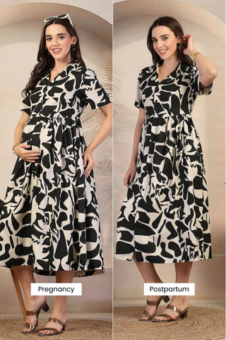 Chic Abstract Print Zipless Feeding Maternity Dress - House Of Zelena™