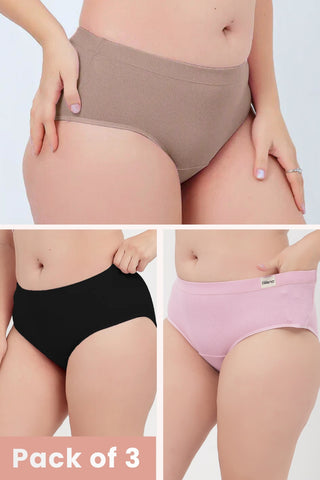 Sera Fine Rib Mid Rise Hipster Pack of 3 - (Skin, Pink, Black)