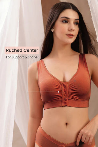 Rust Feeding Bra back band; wide band provides stability and prevents riding up.
