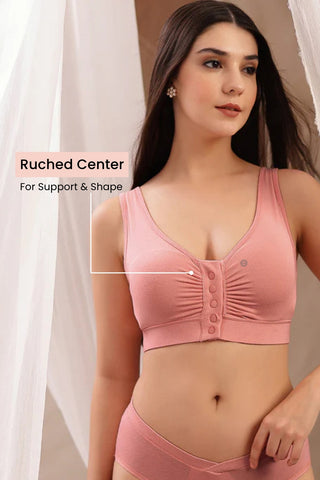 Onion Front-Open Bra; wide side wings provide coverage and minimize spillage.
