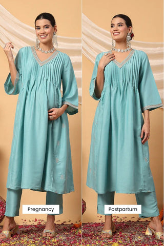 High-quality image of the Polyester texture and finish of the Elegant Turquoise Festive Suit Set.