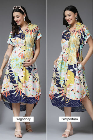 Multicolor All Over Printed 100% Rayon Zipless Maternity Dress