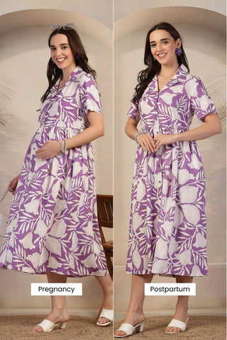 Lavender Bloom Print Zipless Maternity Feeding Dress - House Of Zelena™