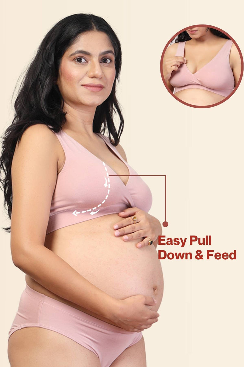 Blush Pink Feeding Bra: Wire-free, seamless design for skin comfort.