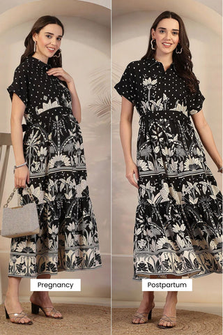 Black & White Bordered Floral Printed Maternity Zipless Feeding Tiered Dress