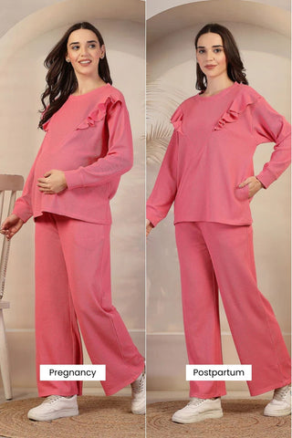 Ruffled Maternity Feeding Co-ord Set - Pink