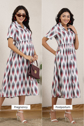 Red & Black All Over Printed Maternity Zipless Feeding Dress