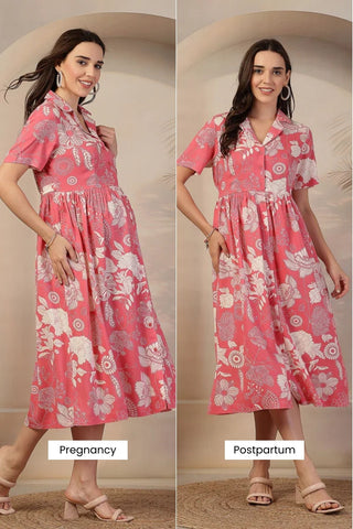 Pink Floral Zipless Maternity Feeding Dress - House Of Zelena™
