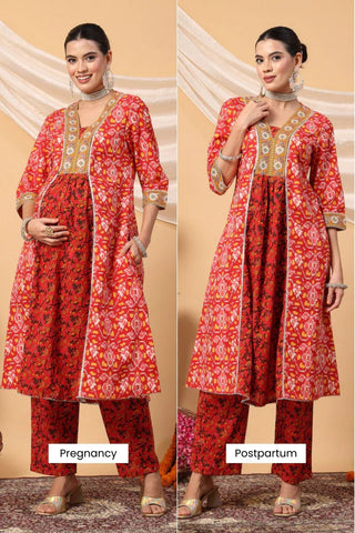 Crimson Red Patola Grace Festive Maternity Feeding Suit Set - House Of Zelena™