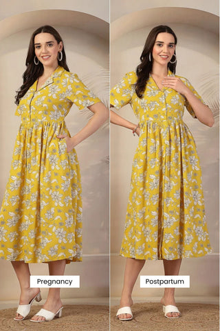 Yellow Floral Zipless Maternity Feeding Dress - House Of Zelena™