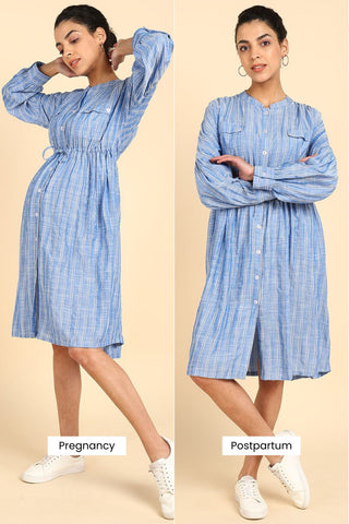 Striped Dobby 100% Cotton Zipless Maternity Dress
