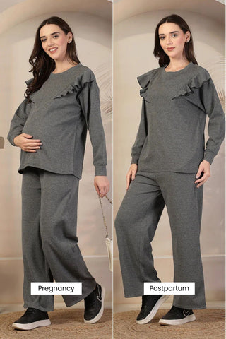 Ruffled Grey Maternity Nursing Co-ord Set