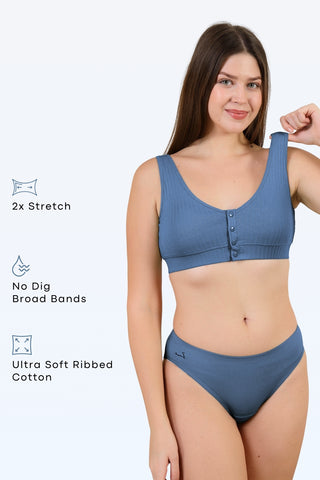 Ribbed Cotton Blue Lounge Bra